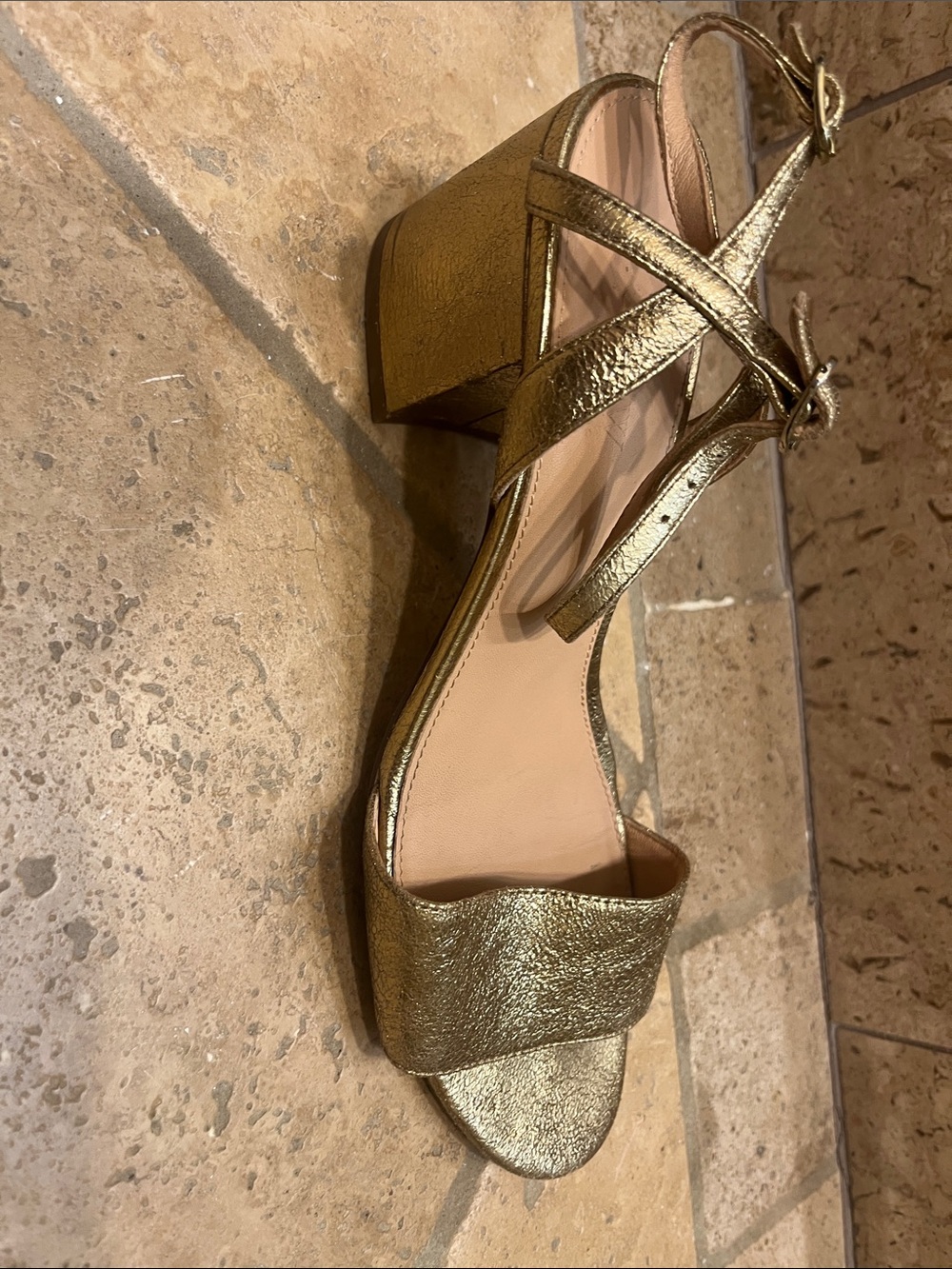 J. Crew Metallic Gold Foil Ankle-Strap Block Heel Sandals - Picture 5 of 7